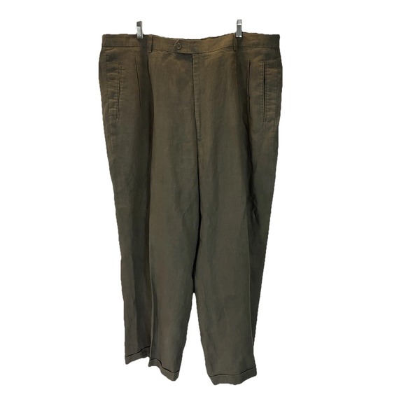 VTG‎ Creme De Silk Men's Dark Olive Green Linen Pants Size 3XL Pleated Cuffed